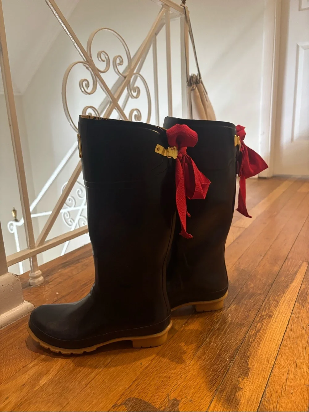 Joules Navy Tall Rain Boots with Red Bow